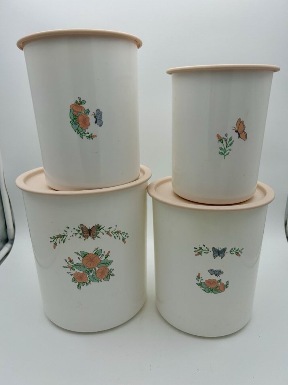 Vintage Tupperware One Touch White Canisters-Pink Lids-Set Of 4-Floral/Butterfly